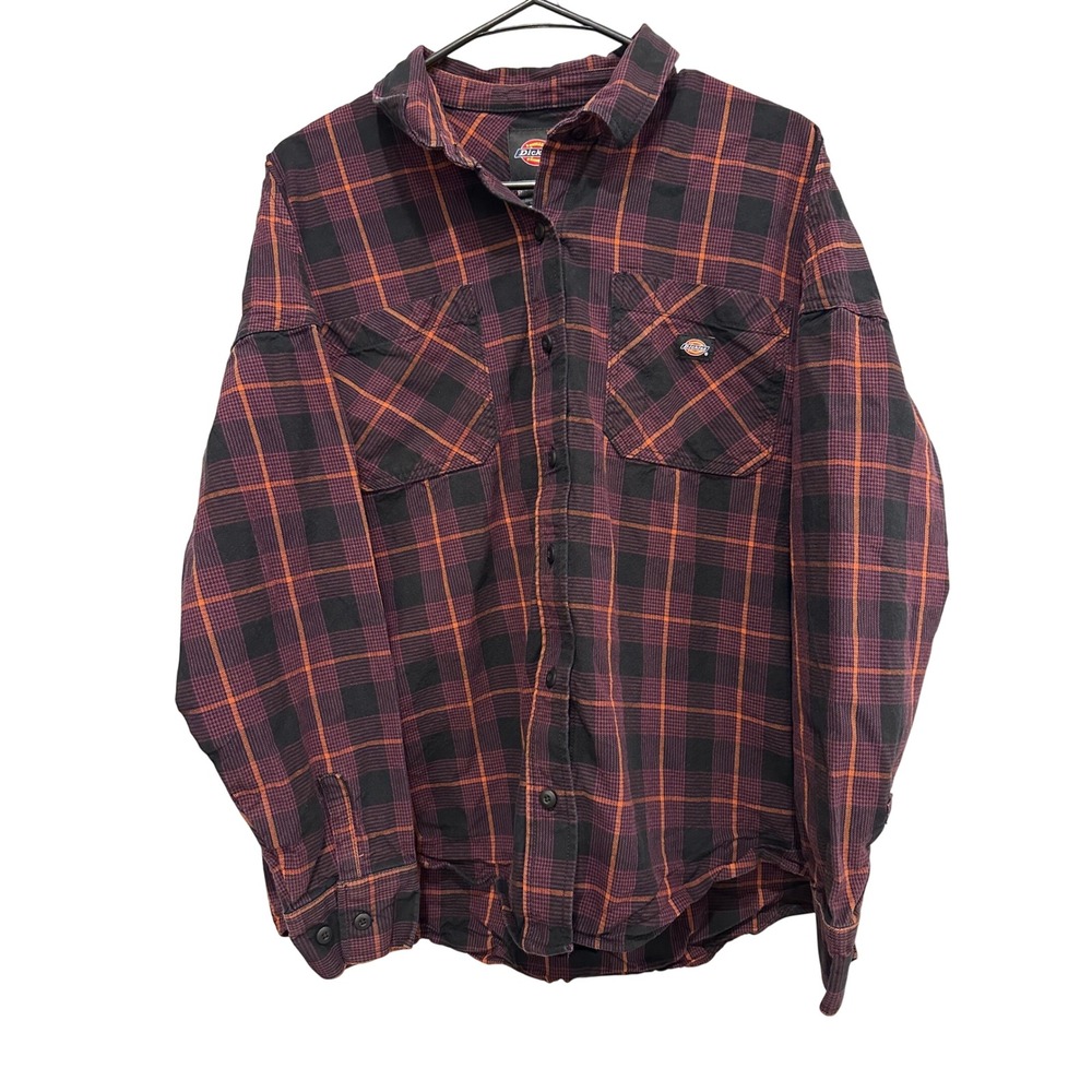 Dickies Mens Large Plaid Flannel Button Down Shirt Burgundy Black Orange